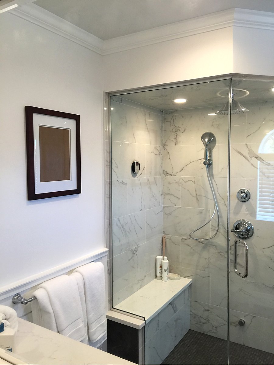 Marble shower behind a frameless glass panel with a wall mounted hand shower