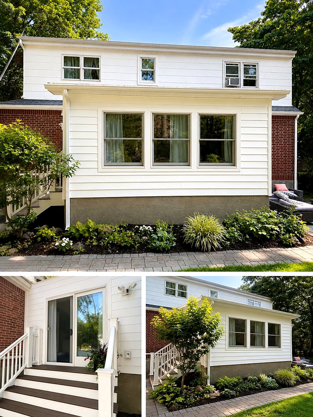 Finished home with fresh white siding, new landscaping, and a rebuilt back deck