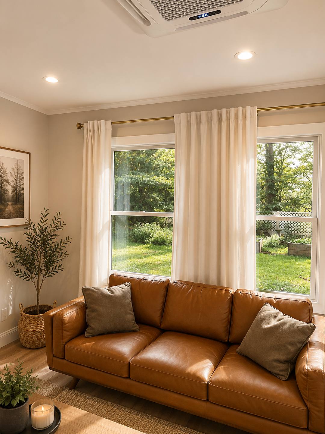Living room with tall windows, custom drapery, and a leather sofa