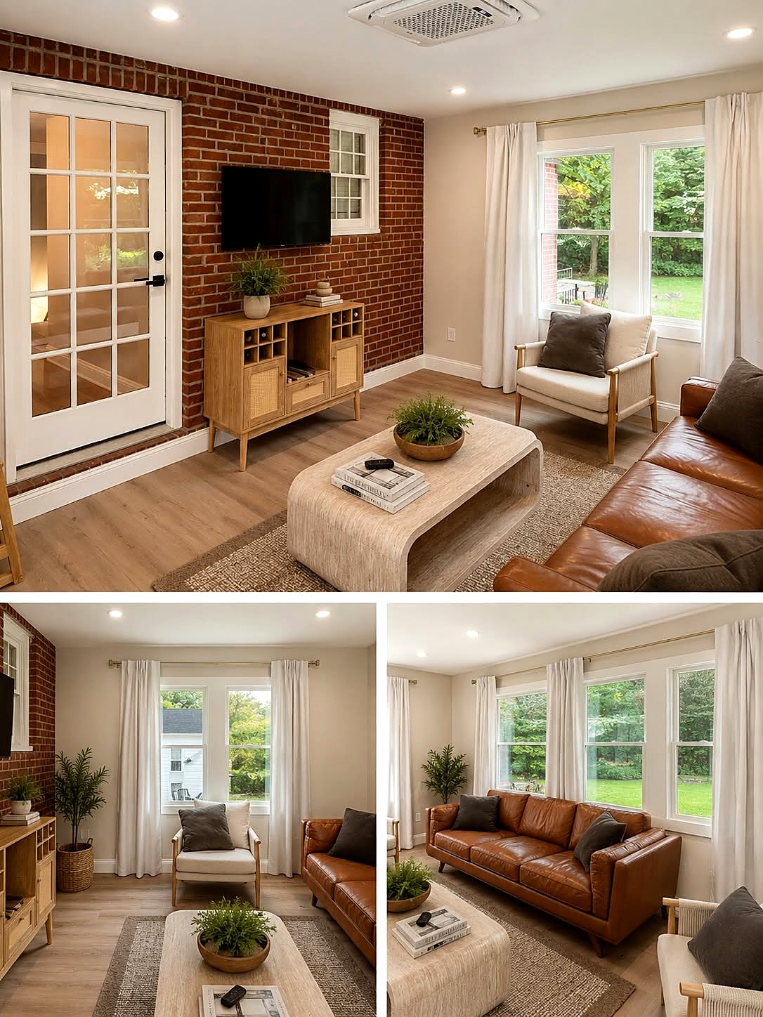 Renovated living room with an exposed brick accent wall and wood floors