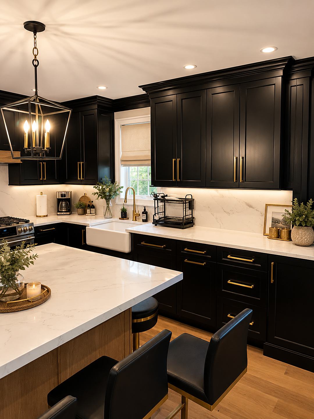 Black cabinet kitchen with brass hardware, a quartz island, and a farmhouse sink