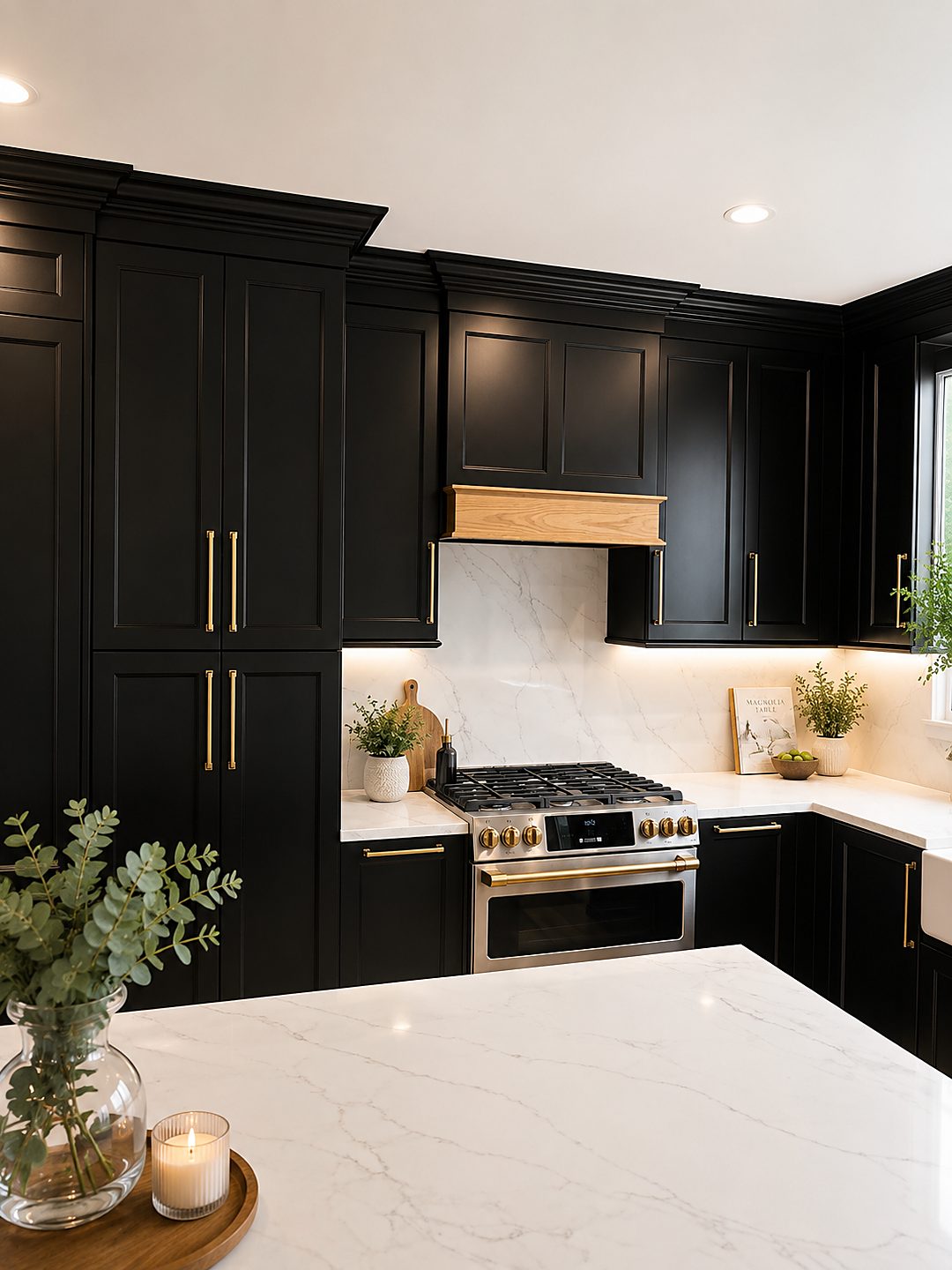 Black kitchen with a white oak range hood, marble slab backsplash, and a professional gas range