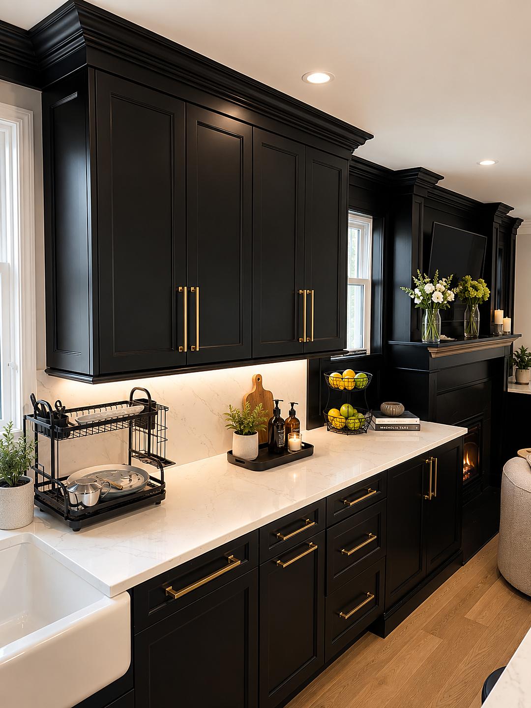 Black kitchen with brass pulls and quartz counters, open to the living area