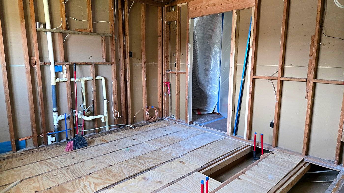 Rough-in: New plumbing and electric in the open walls.
