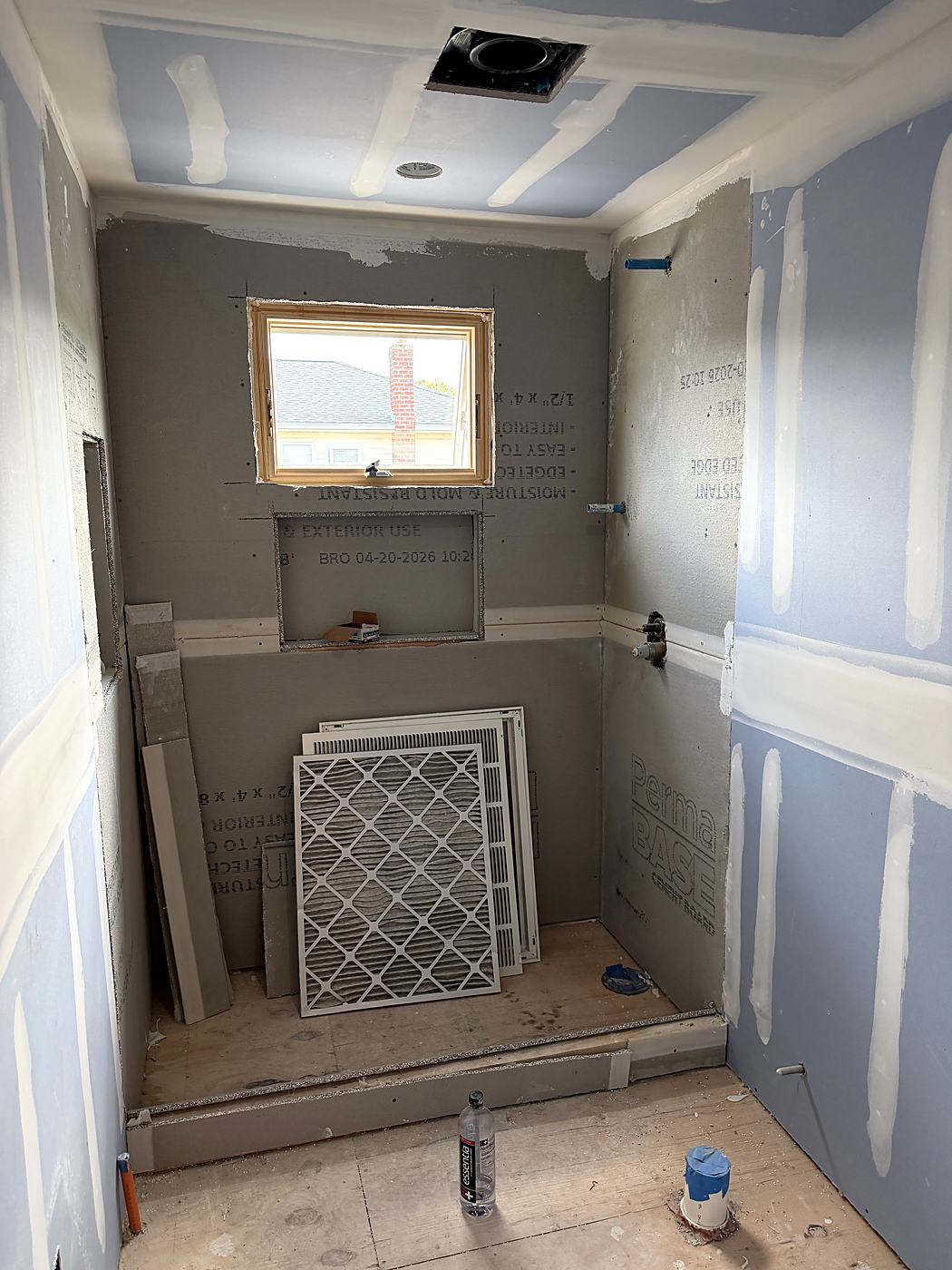 New bathroom with the shower niche framed and the walls prepped for tile