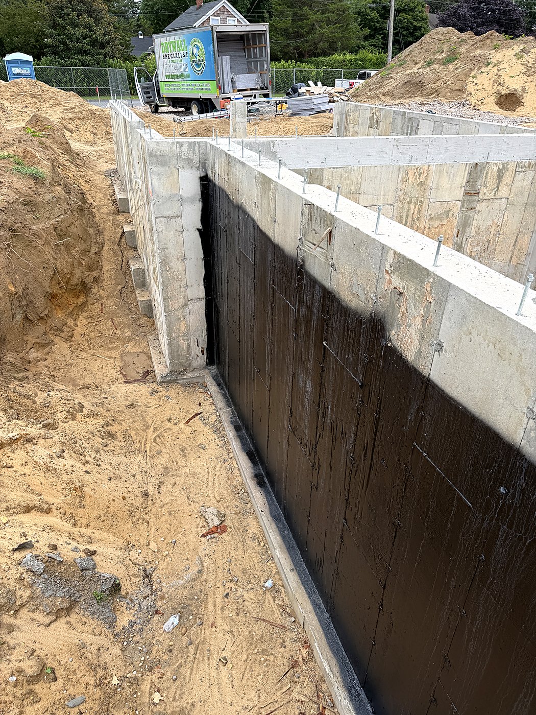 Waterproofed foundation wall in the excavated trench