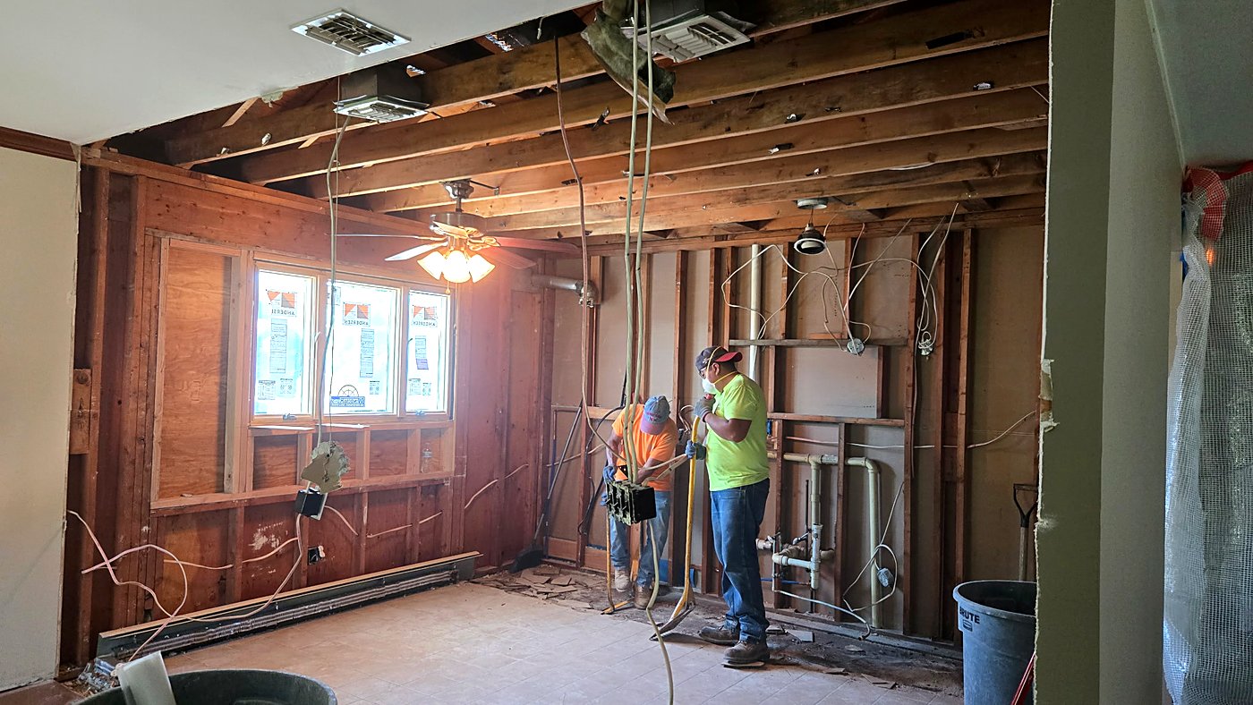 Kitchen gutted to the framing and prepped for rough-in