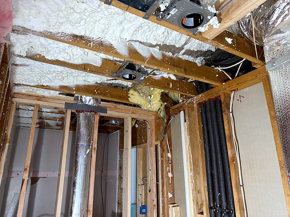 Wide view of the gut renovation at the rough-in stage